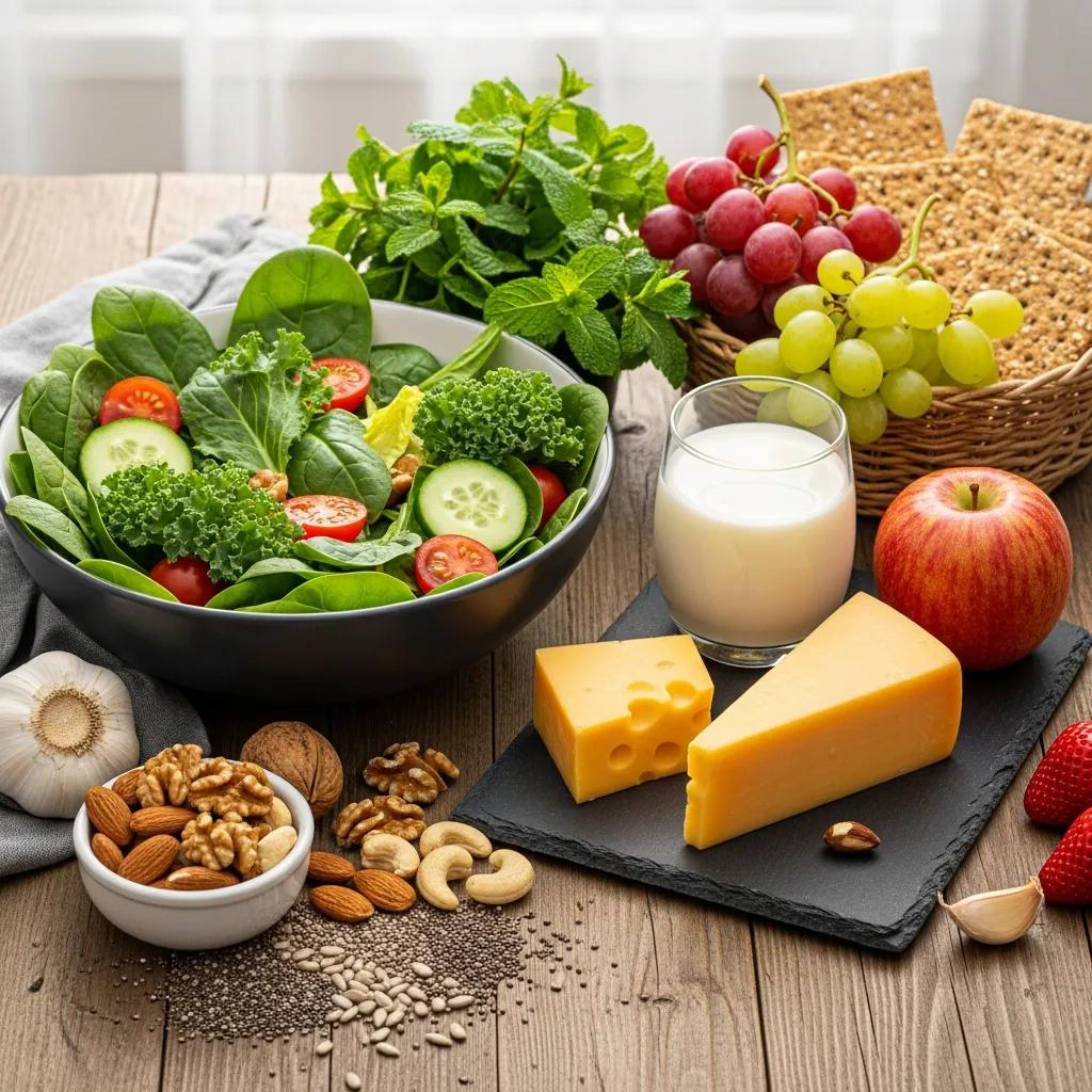 Colorful arrangement of healthy foods like leafy greens, dairy, nuts, and seeds on a kitchen table