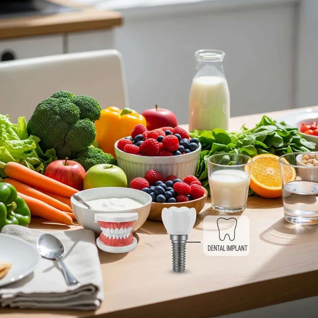 Colorful healthy meal showcasing foods that support dental health and implant longevity