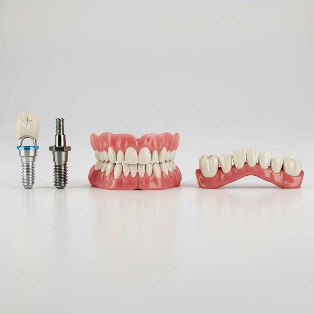 Comparison of dental implants, dentures, and bridges on a clean surface, highlighting differences in design and materials