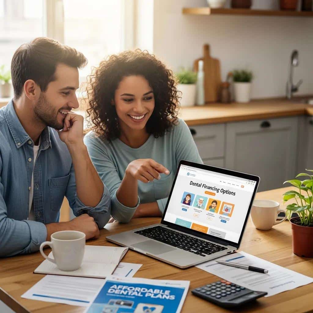 Couple discussing dental financing options at home, emphasizing accessibility