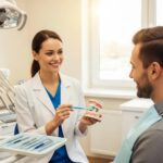 Dental care scene showcasing a dentist teaching a patient about dental implant maintenance