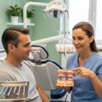Dental care scene with a dentist demonstrating maintenance tips for implants, bridges, and dentures