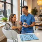 Dental clinic scene with dentist and patient discussing dental implants