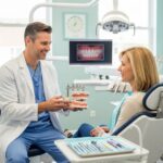 Dental clinic scene with dentist and patient discussing dental implants, bridges, and dentures