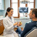 Dental consultation about implants with a dentist and patient in a bright clinic