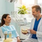 Dental consultation scene showcasing a patient discussing dental implants with a dentist in a welcoming clinic