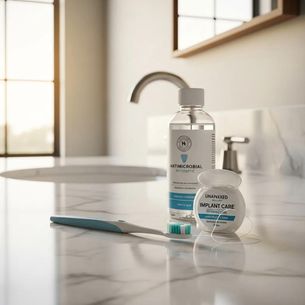 Dental hygiene products for implant care including toothbrush, floss, and mouthwash
