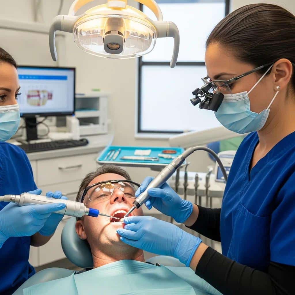 Dental hygienist performing ultrasonic scaling on a dental implant during a professional cleaning