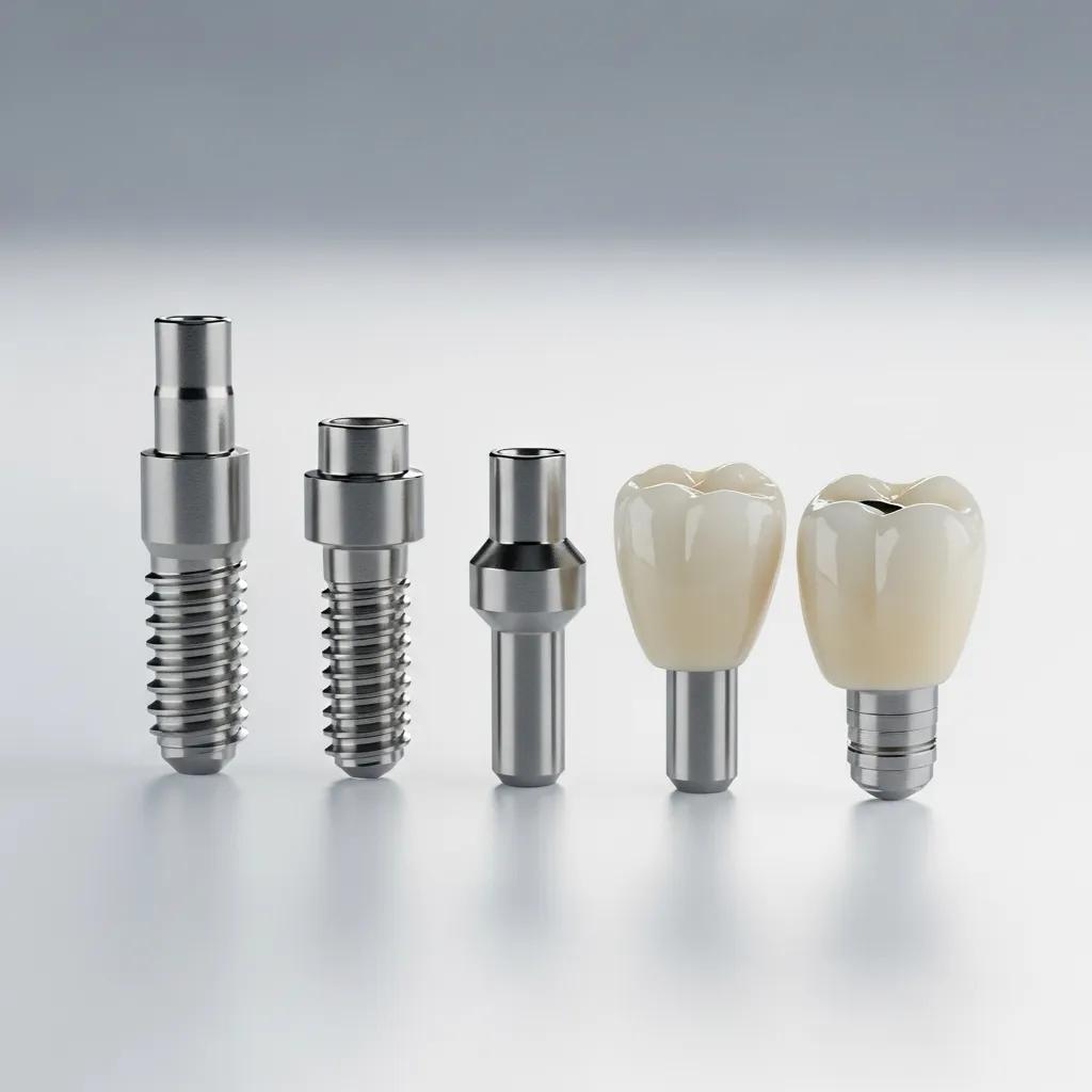 Dental implant components including titanium post, abutment, and crown, showcasing quality and durability