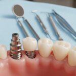 Dental implant in a clinical setting highlighting its structure and surrounding gum tissue