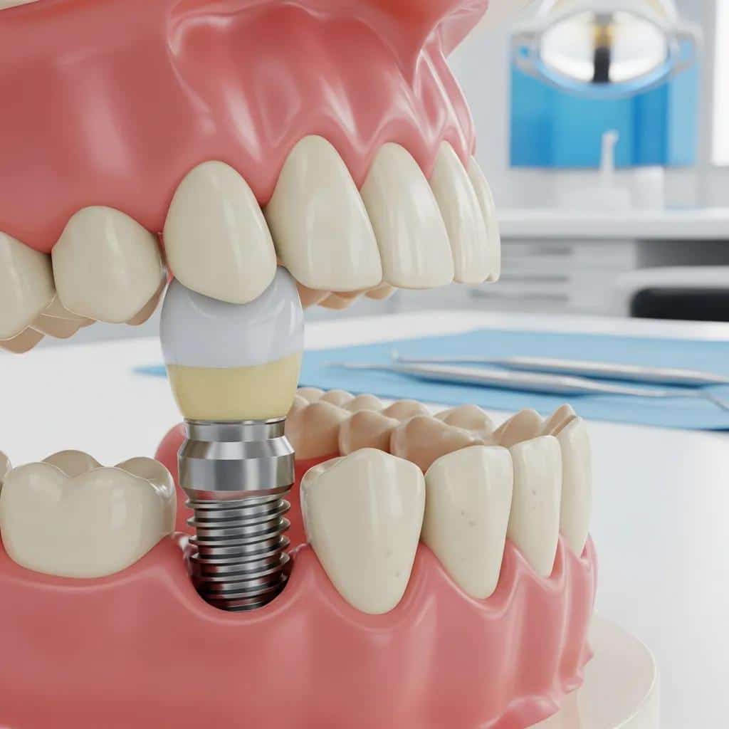 Dental implant model displayed with natural teeth in a dental office setting