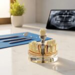 Dental implant model on a dental office countertop, highlighting dental care and implant procedures