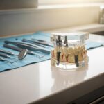 Dental implant model on a dental office countertop, highlighting the importance of dental health
