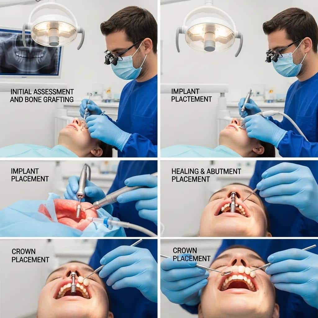 Dental implant procedure steps showing a dentist performing surgery on a patient