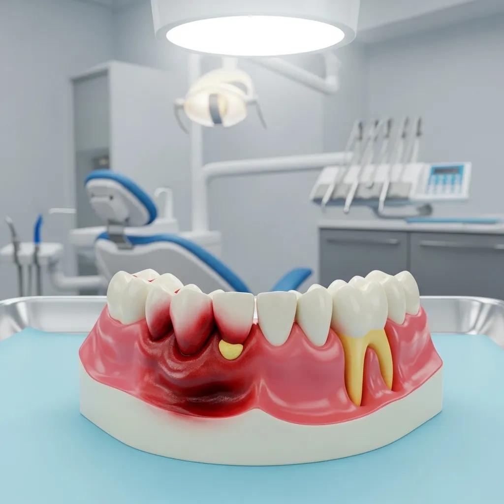 Dental model illustrating swollen gums and signs of infection