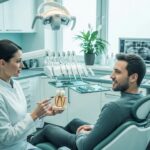 Dental office scene illustrating root canal therapy discussion between dentist and patient