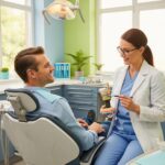 Patient talking with a dentist in our comfortable Grand Prairie office