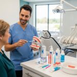 Dental professional demonstrating care techniques for implants, bridges, and dentures in a bright dental office