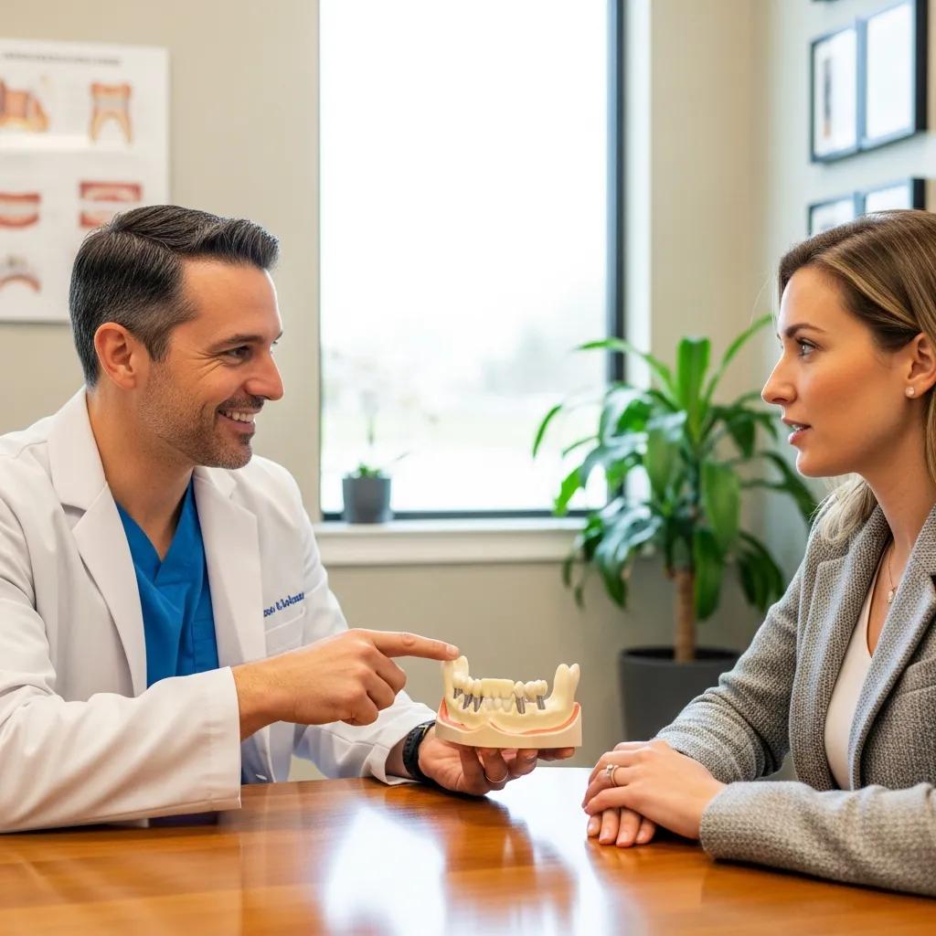 Dental professional discussing implant success rates with a patient in a consultation room, highlighting informative dialogue