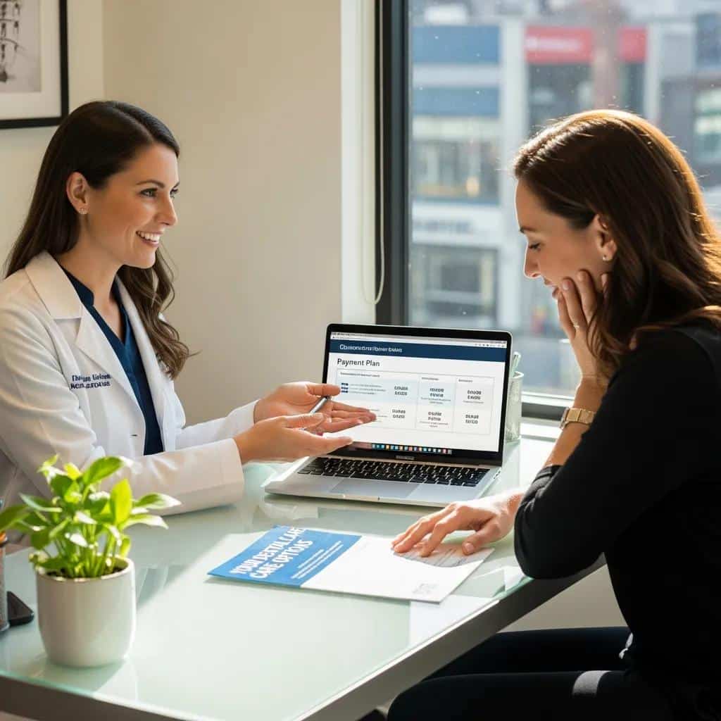 Dental professional explaining financing options to a patient in a dental office