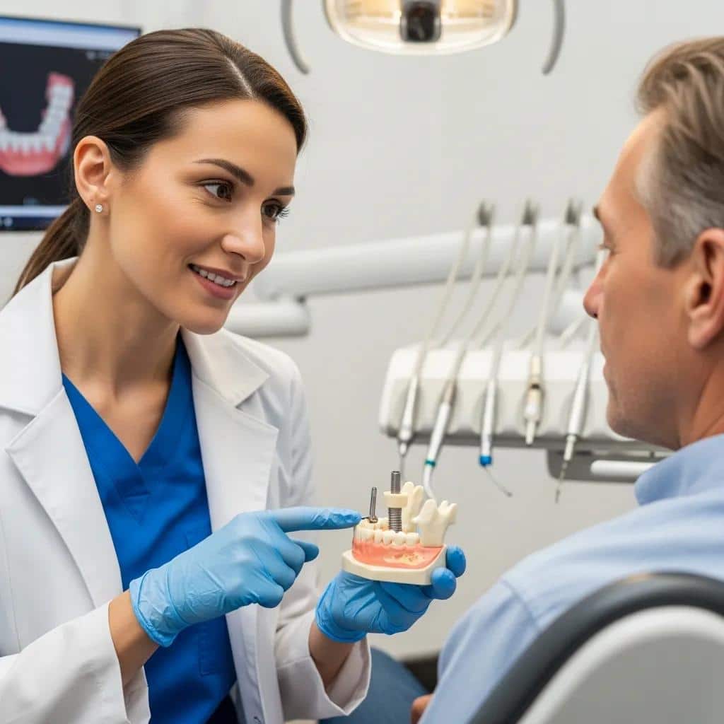 Dental professional explaining the implant procedure to a patient in a comfortable clinic