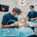 Dental professional performing a dental implant procedure in a modern clinic