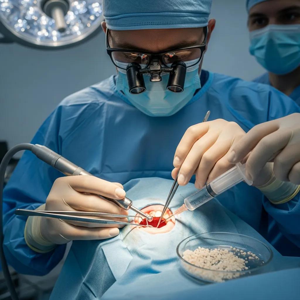 Dental surgeon performing a bone grafting procedure