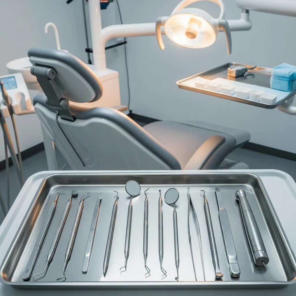 Dental surgery tools and equipment arranged in a clinical setting, representing the costs associated with dental procedures