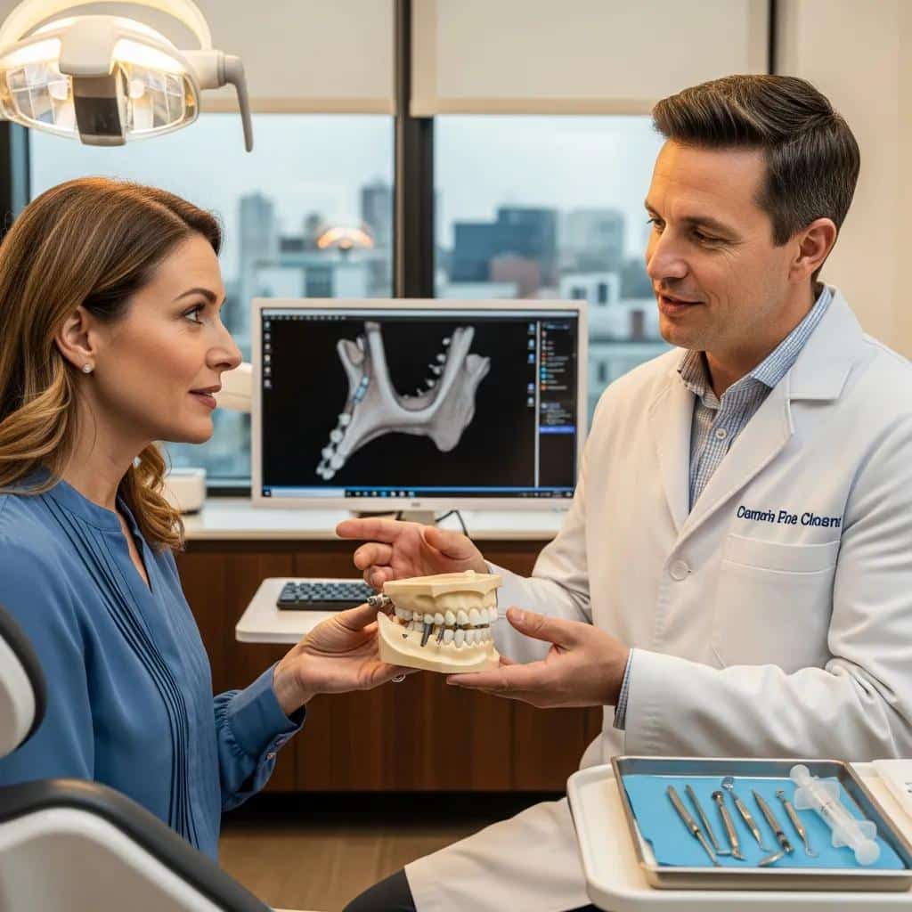 Dentist and patient reviewing 3D scans during implant planning