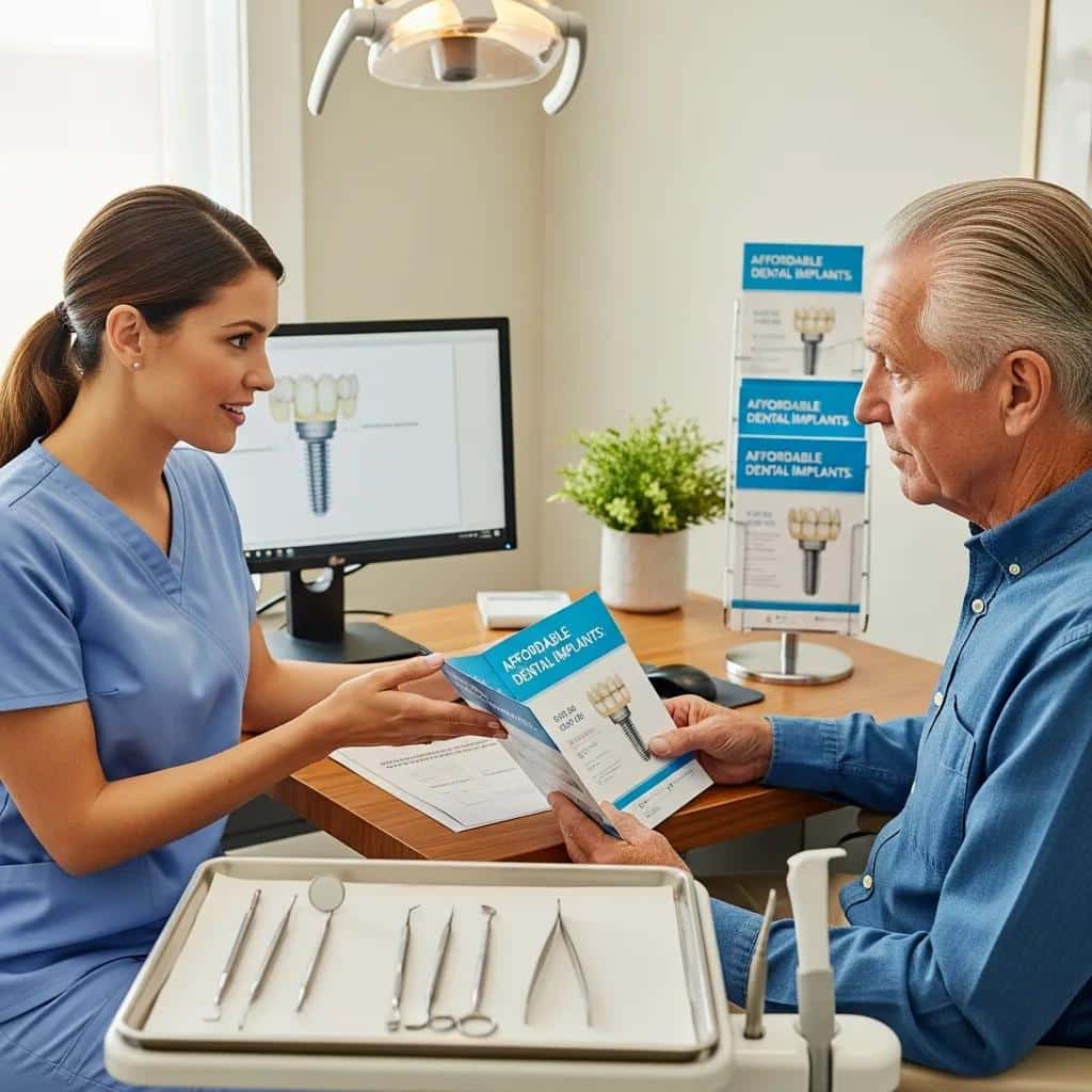 Dentist discussing dental implant options with a senior patient in a clinic