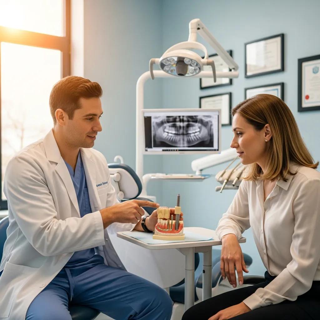 Dentist discussing treatment choices with a patient after implant complications