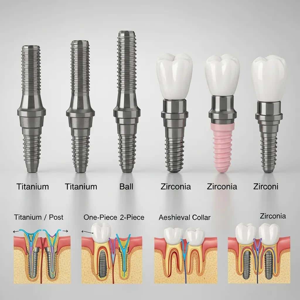 Different types of dental implants including titanium and zirconia displayed on a clean surface