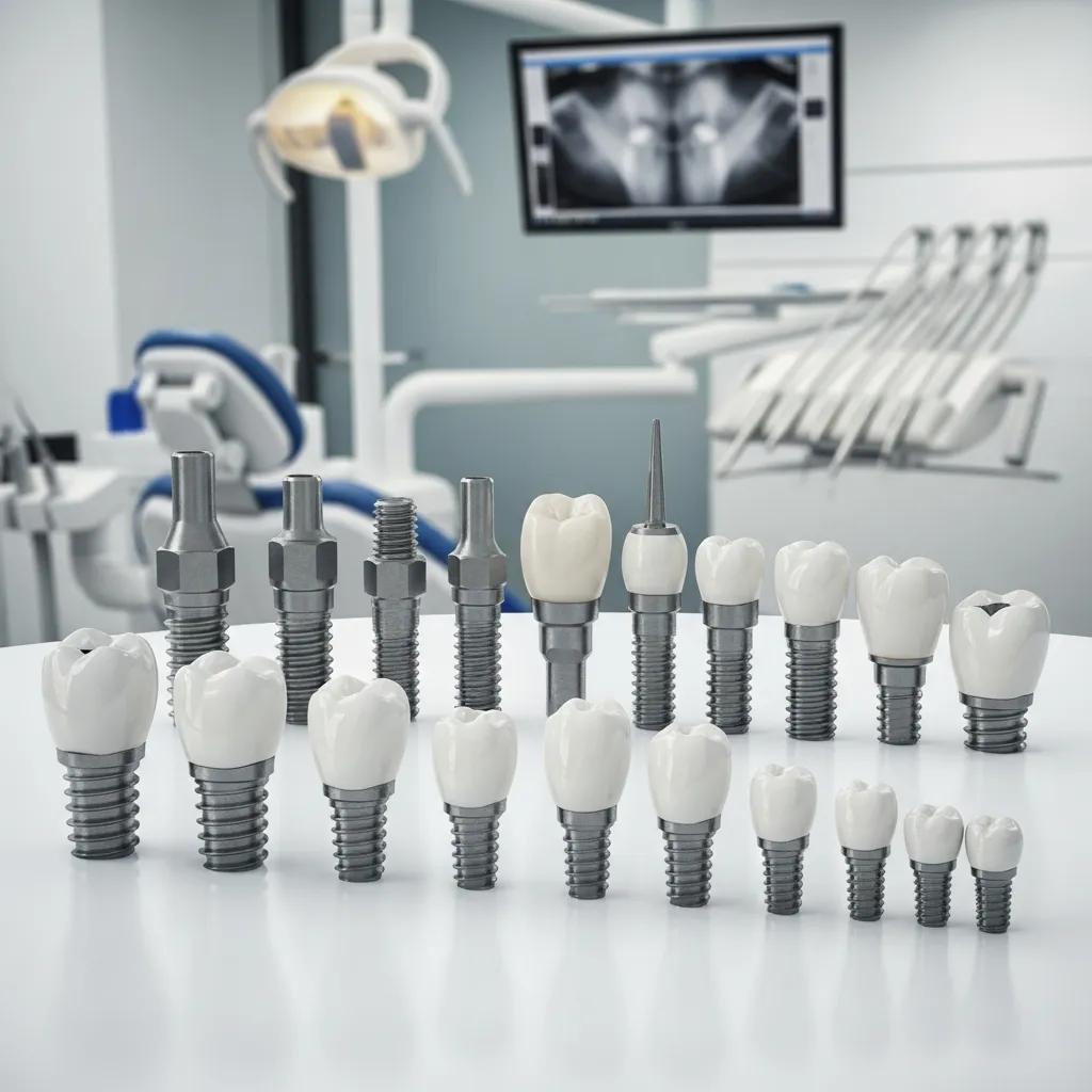 Different types of dental implants including titanium and zirconia, showcasing material differences