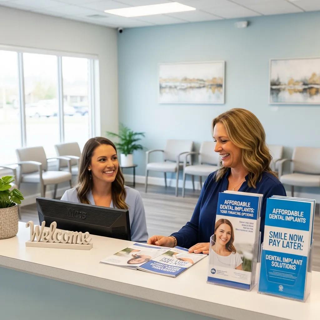 Friendly receptionist assisting a patient in a dental office, highlighting financing options for implants