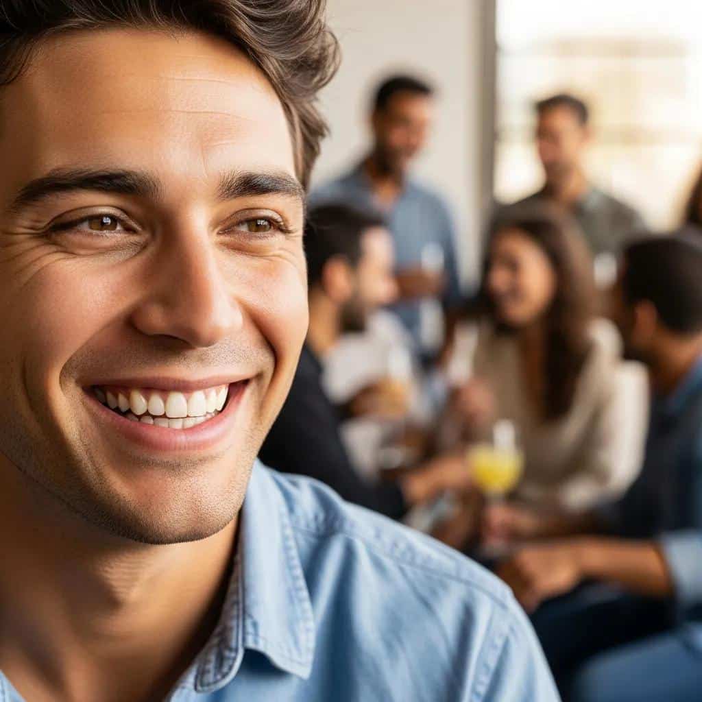 Happy individual smiling confidently in a social setting, illustrating the psychological benefits of dental implants