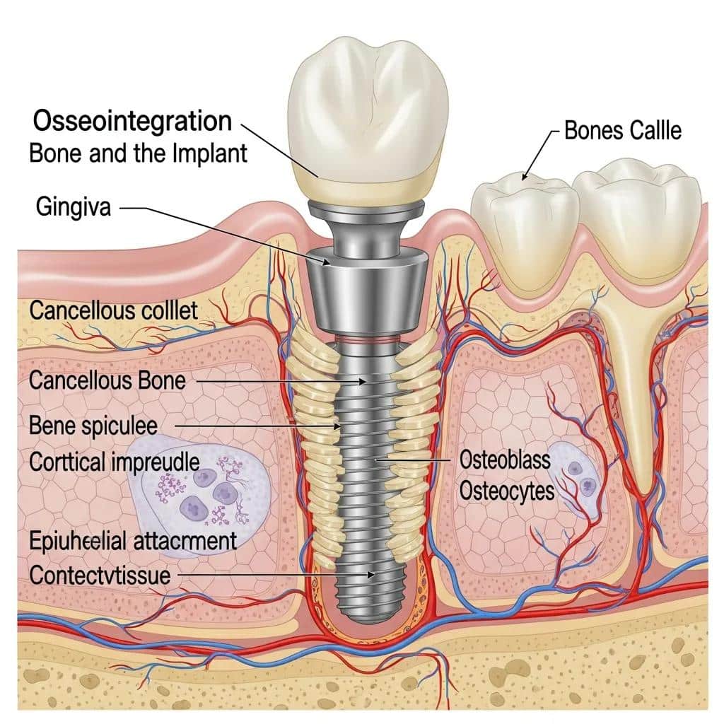 Illustration of osseointegration process for dental implants