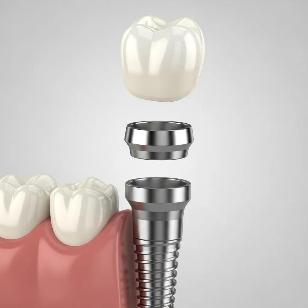 Key components of dental implants: titanium post, abutment, and crown