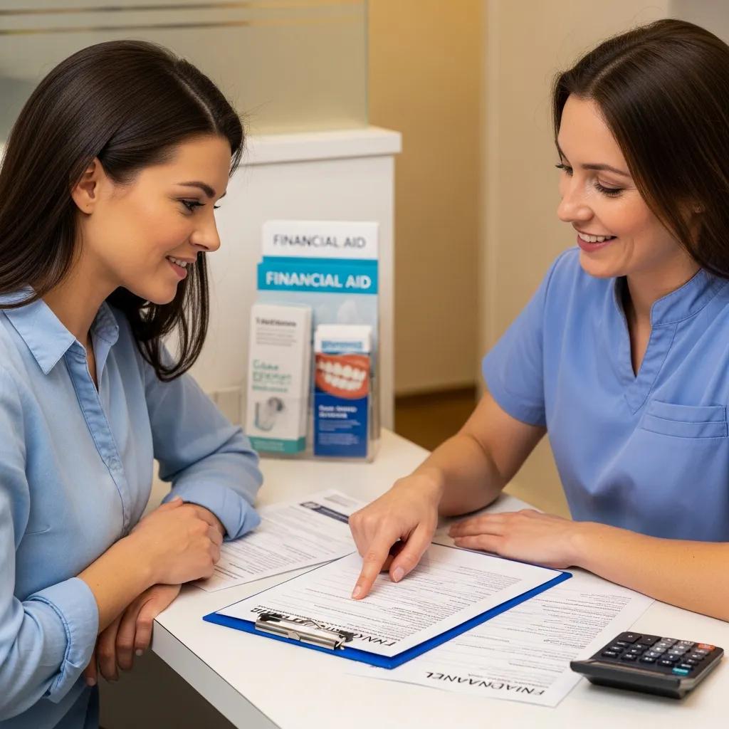 Patient discussing dental implant financing options with staff in a dental office