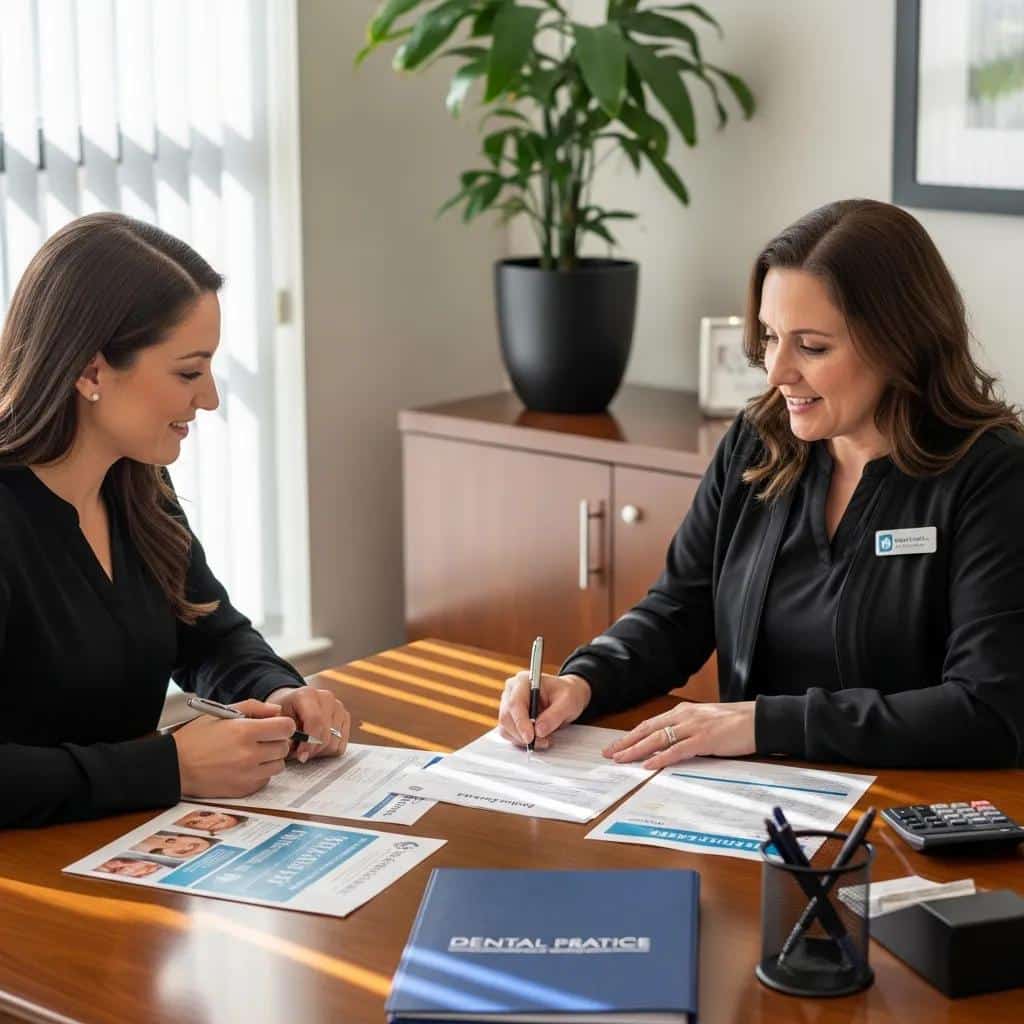 Patient discussing financing options for dental implants with dental office staff