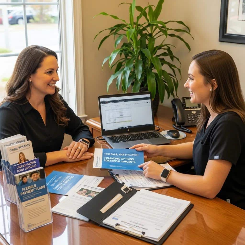 Patient discussing financing options for dental implants with staff