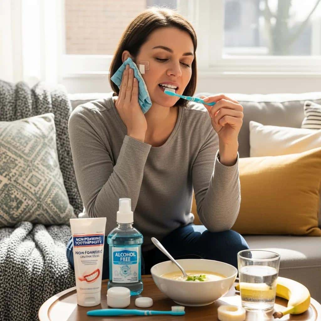 Patient practicing post-surgery care for dental implants in a home environment