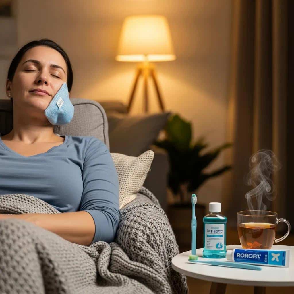 Patient recovering at home after dental implant surgery