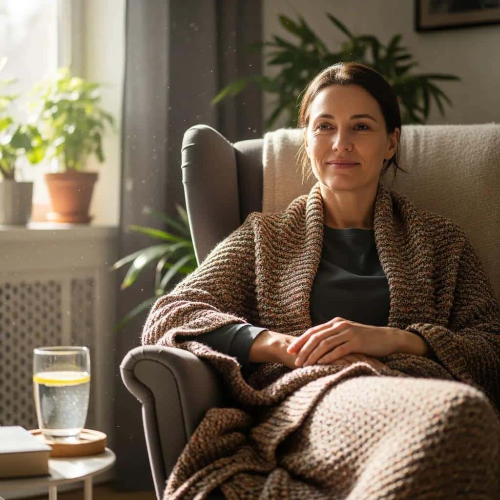 Patient relaxing at home during recovery after mini dental implant surgery