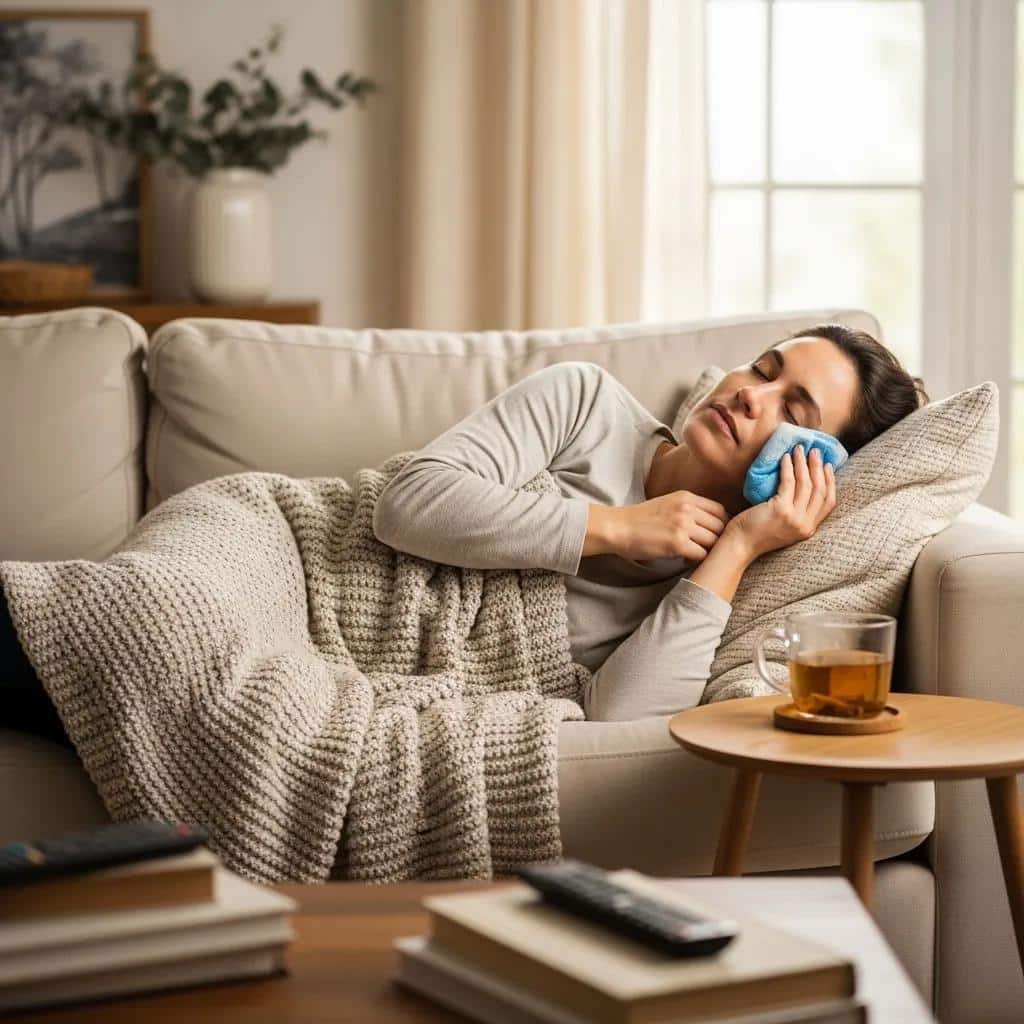 Patient relaxing at home with a cold compress after root canal treatment, emphasizing comfort and recovery
