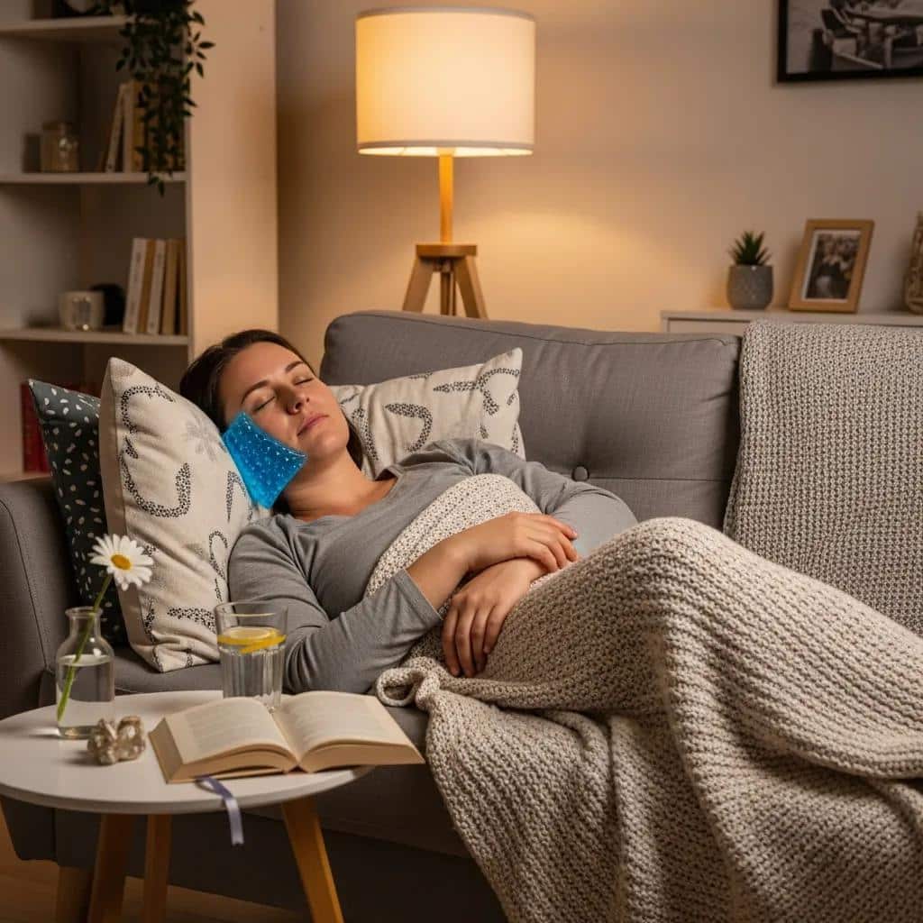 Patient resting at home after dental implant surgery with cold compress