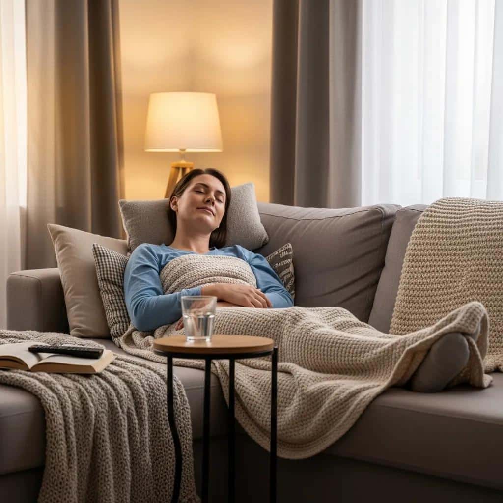 Patient resting at home after molar implant surgery in a cozy living room