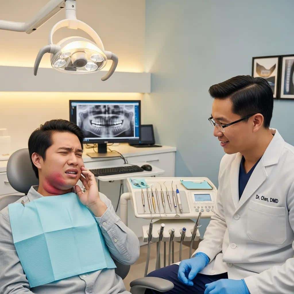 Patient showing symptoms of dental implant infection in a dental office setting