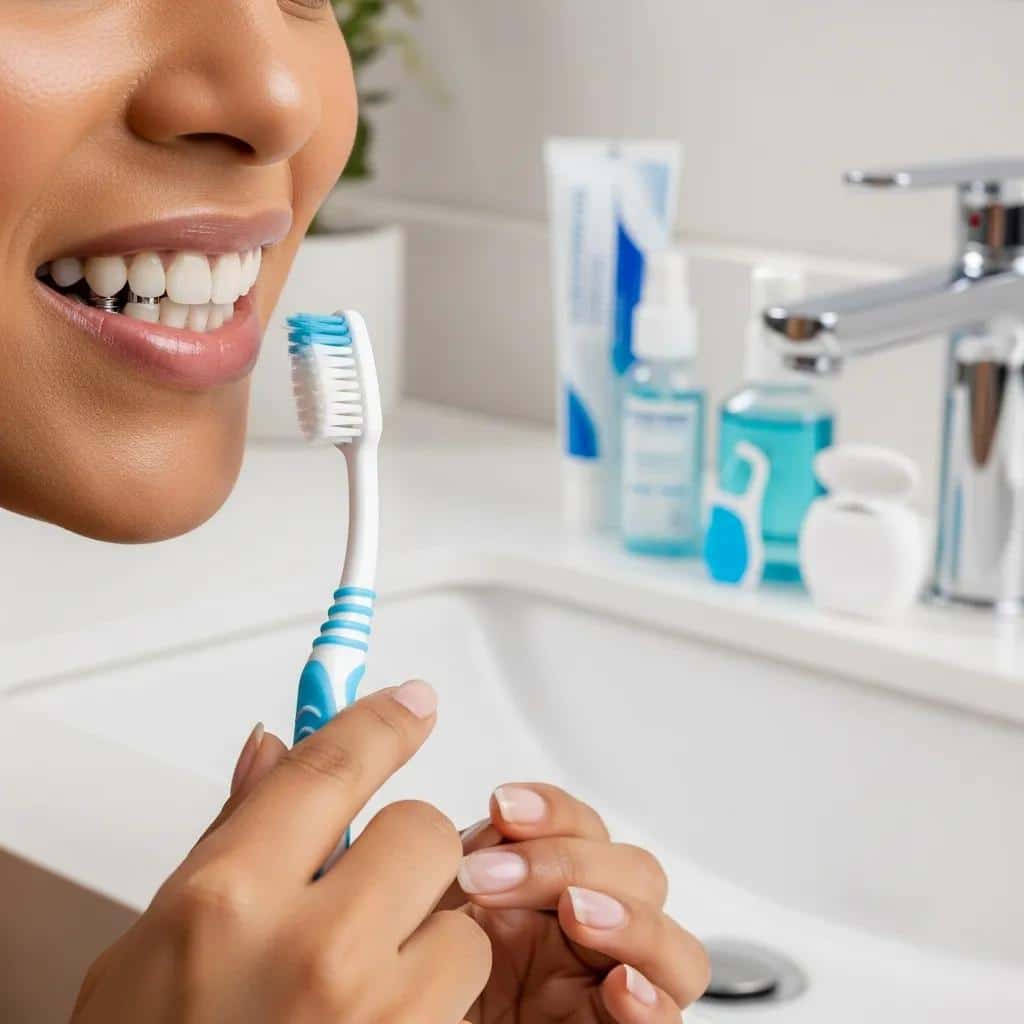 Person brushing dental implant with soft-bristled toothbrush in a bathroom setting