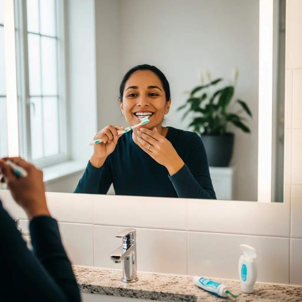 Person brushing dental implants in a bright bathroom, demonstrating proper oral hygiene