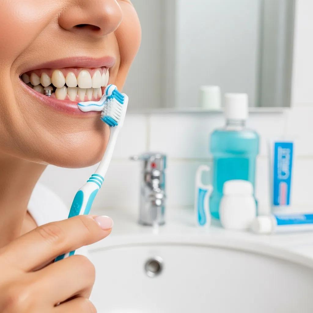 Person brushing dental implants with a soft-bristled toothbrush in a bright bathroom
